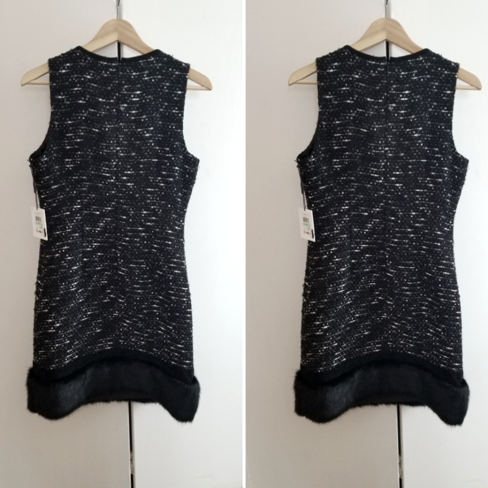 Calvin Klein black & white tweed knit sleevless dress with a faux fur hem